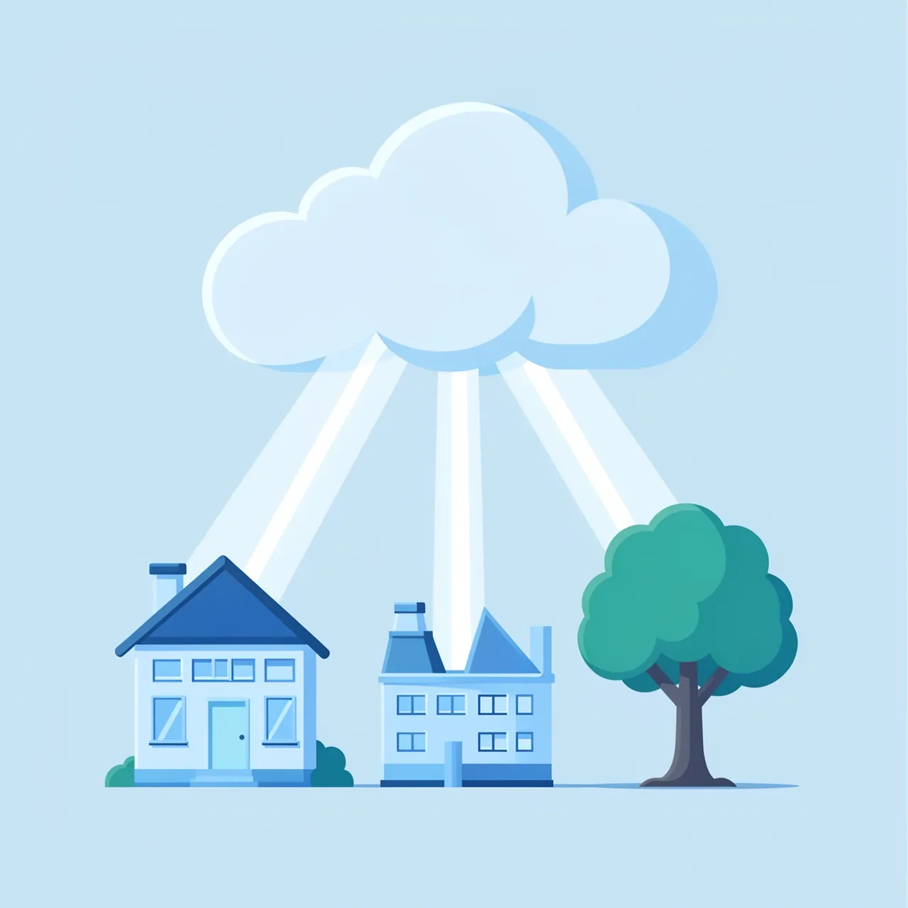Flat vector illustration of a cloud with streaming lines linking to a house, building, and tree on a soft blue background