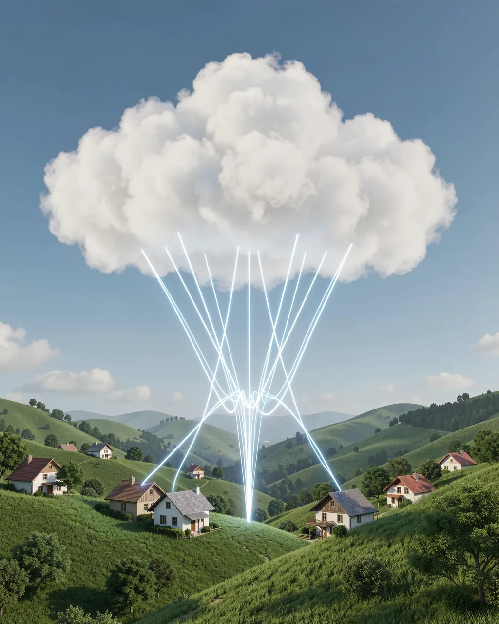 A fluffy white cloud connects to village houses on green hills with glowing light beams.