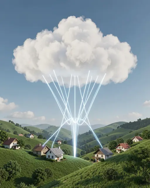 A fluffy white cloud connects to village houses on green hills with glowing light beams.