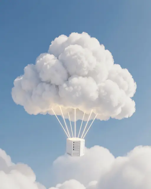 A puffy white cloud suspends a small server cabinet via glowing golden strings against a bright blue sky