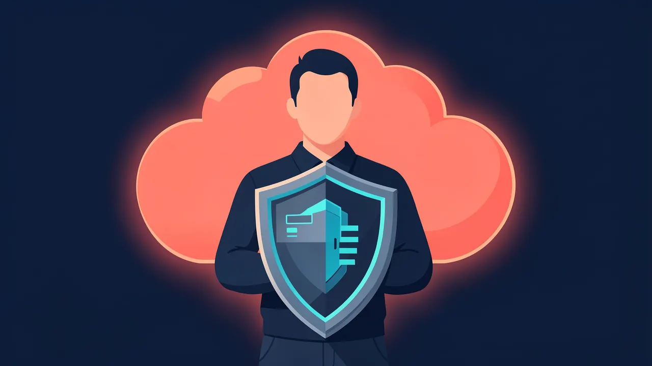 Faceless security analyst holds a protective shield in front of a glowing coral cloud