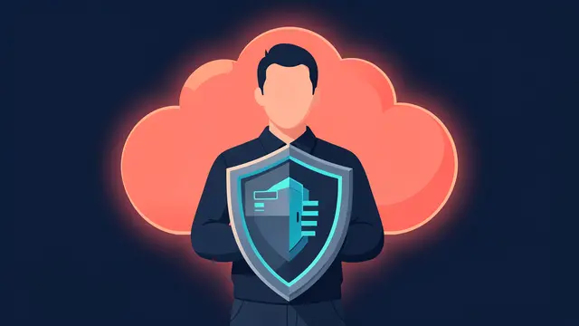 Faceless security analyst holds a protective shield in front of a glowing coral cloud