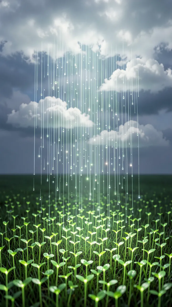 Glowing light streams fall from cloudy sky onto a field of luminous green seedlings