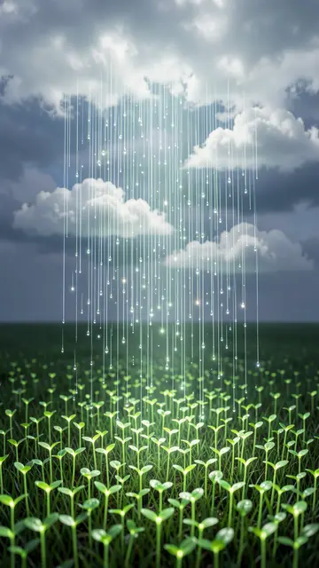 Glowing light streams fall from cloudy sky onto a field of luminous green seedlings