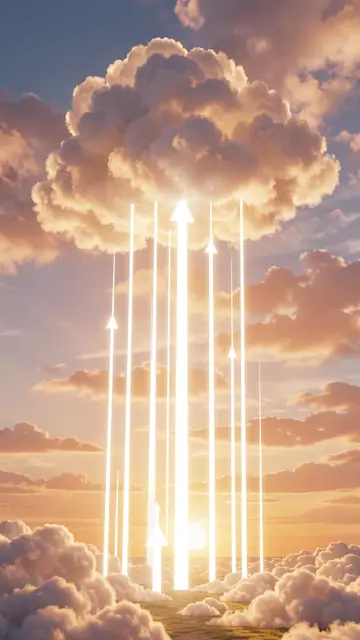 Glowing white upward arrow beams rise from ground level into a fluffy cloud at sunrise