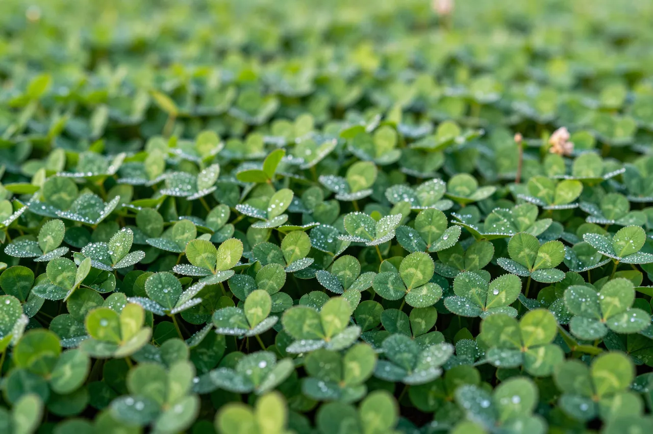 Dense green clover leaves dotted with glistening dew droplets fill the frame in soft morning light