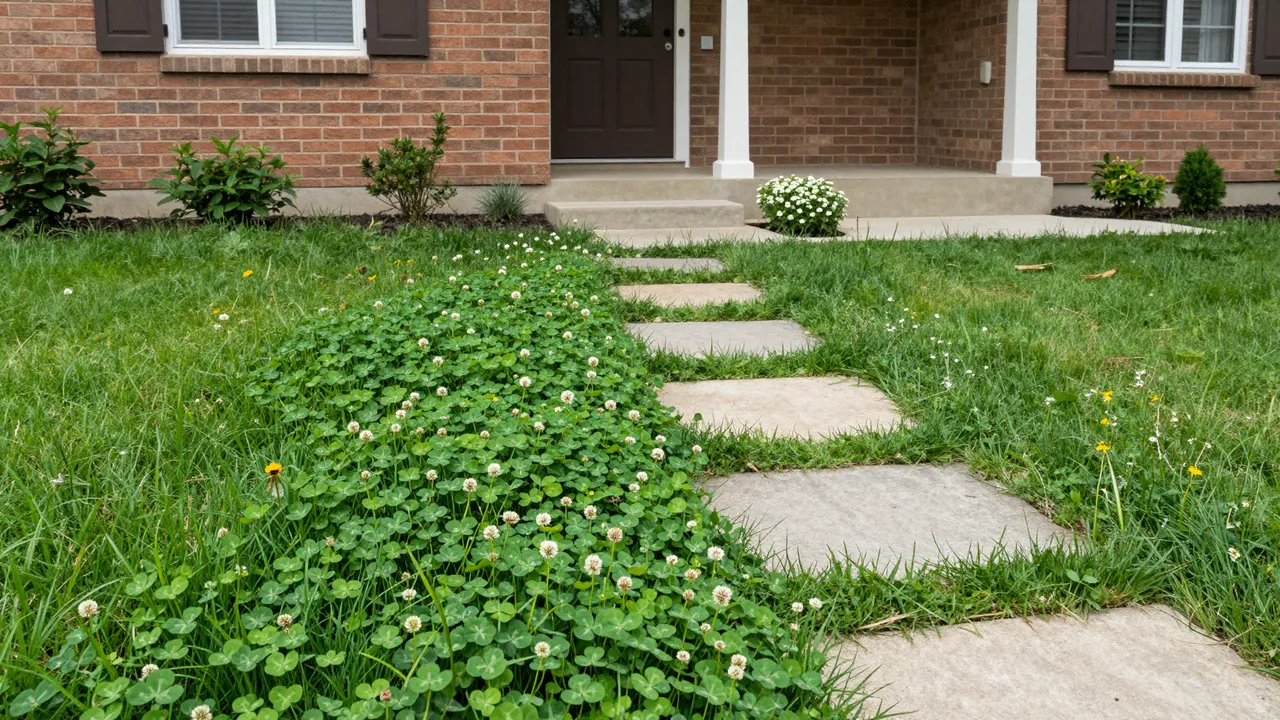 Stepping stone path through clover and lawn leads to a brick bungalow front porch.