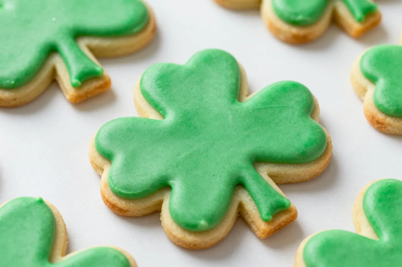 Shamrock shaped sugar cookies topped with smooth green icing arranged on white parchment paper