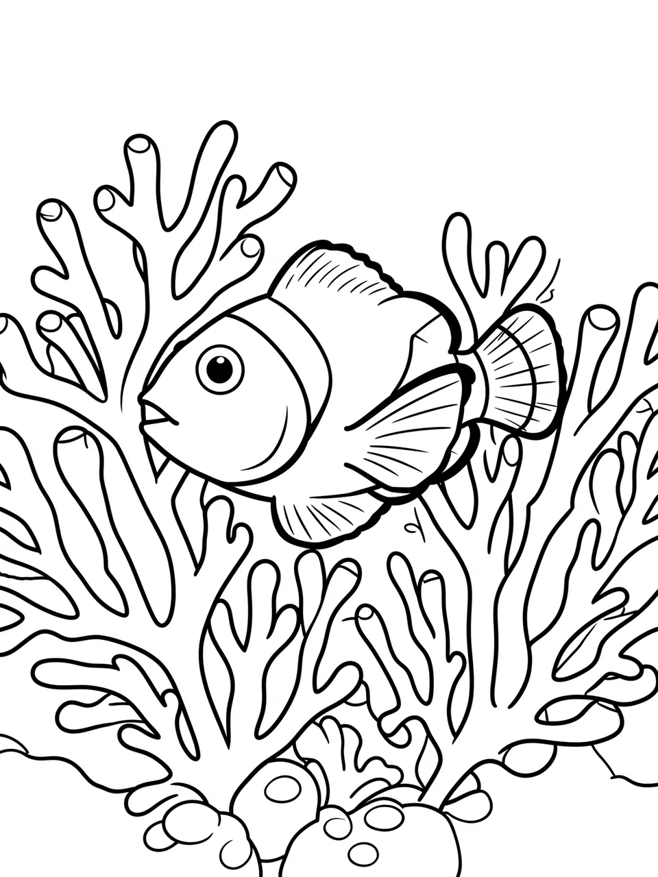 Black and white line art of a clownfish swimming among branching coral on a plain white background