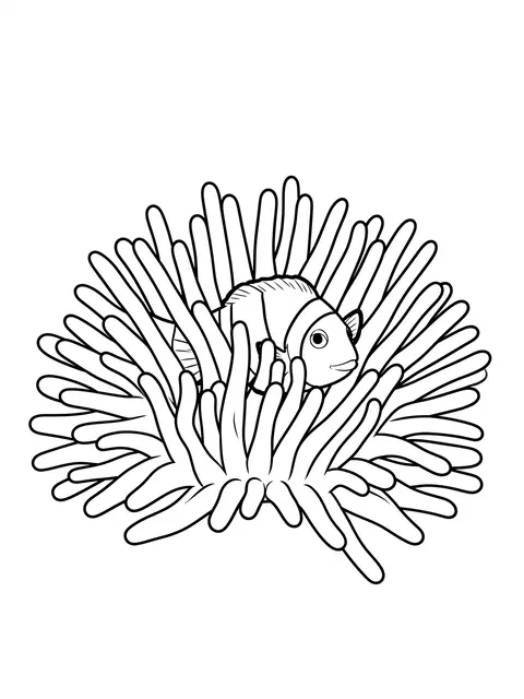 Simple black and white line art of a clownfish peeking out from the tentacles of a sea anemone on a white background