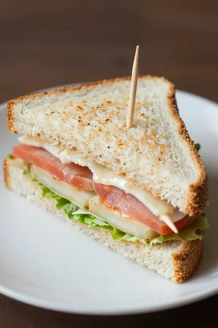 A stacked club sandwich held with toothpicks rests on a plain white plate