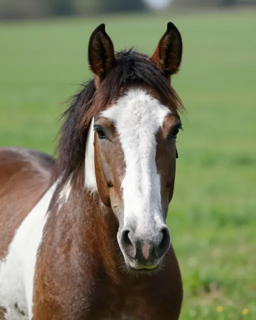 Close-up portrait of a brown and white draft horse standing in a green grassy field, looking directly at the camera