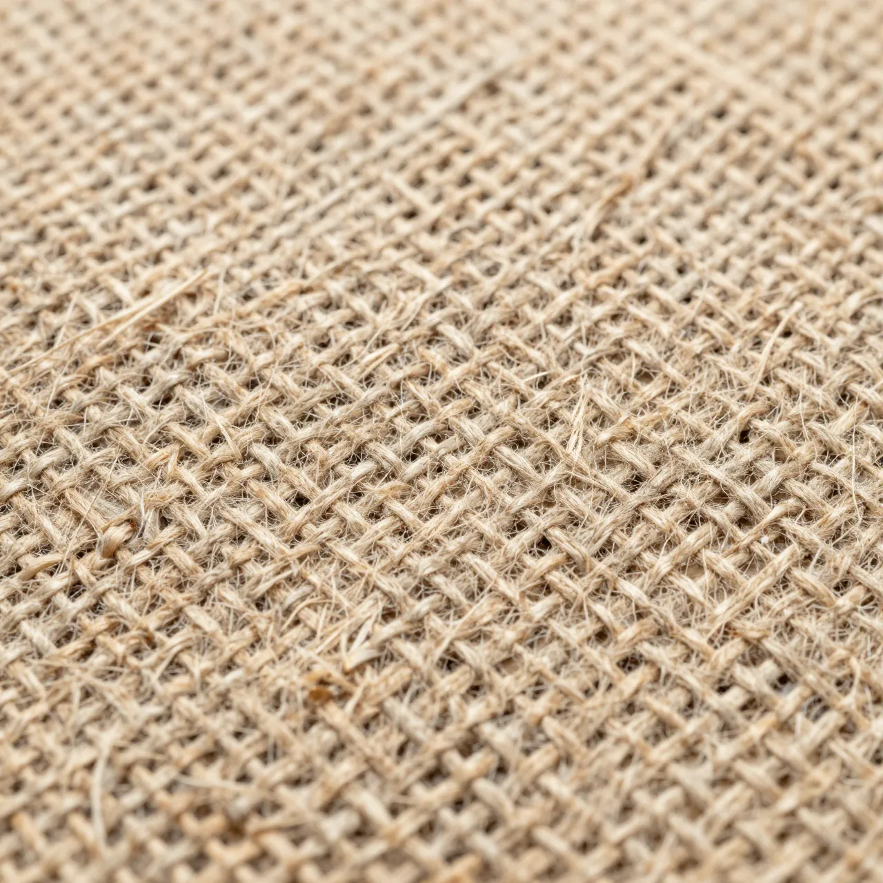 Close-up macro view of rough natural burlap fabric woven from thick light tan fibers