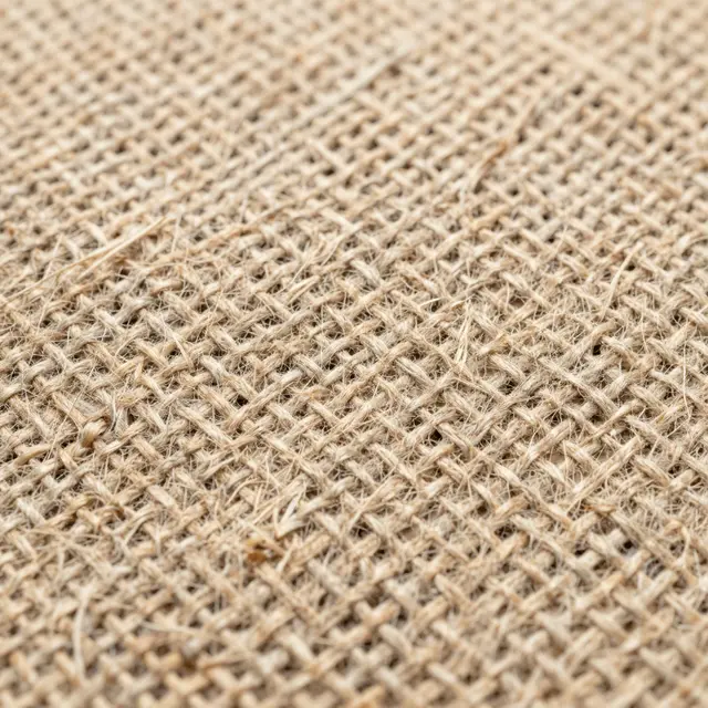 Close-up macro view of rough natural burlap fabric woven from thick light tan fibers
