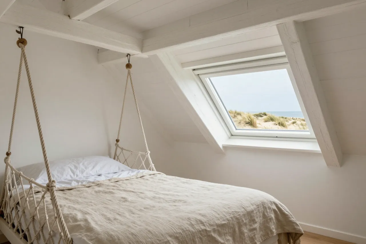 Rope-hung linen bed sits below a dormer window looking out over sand dunes to the sea