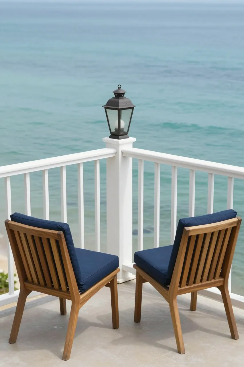Two teak chairs with navy cushions sit on a white railed balcony overlooking calm turquoise sea