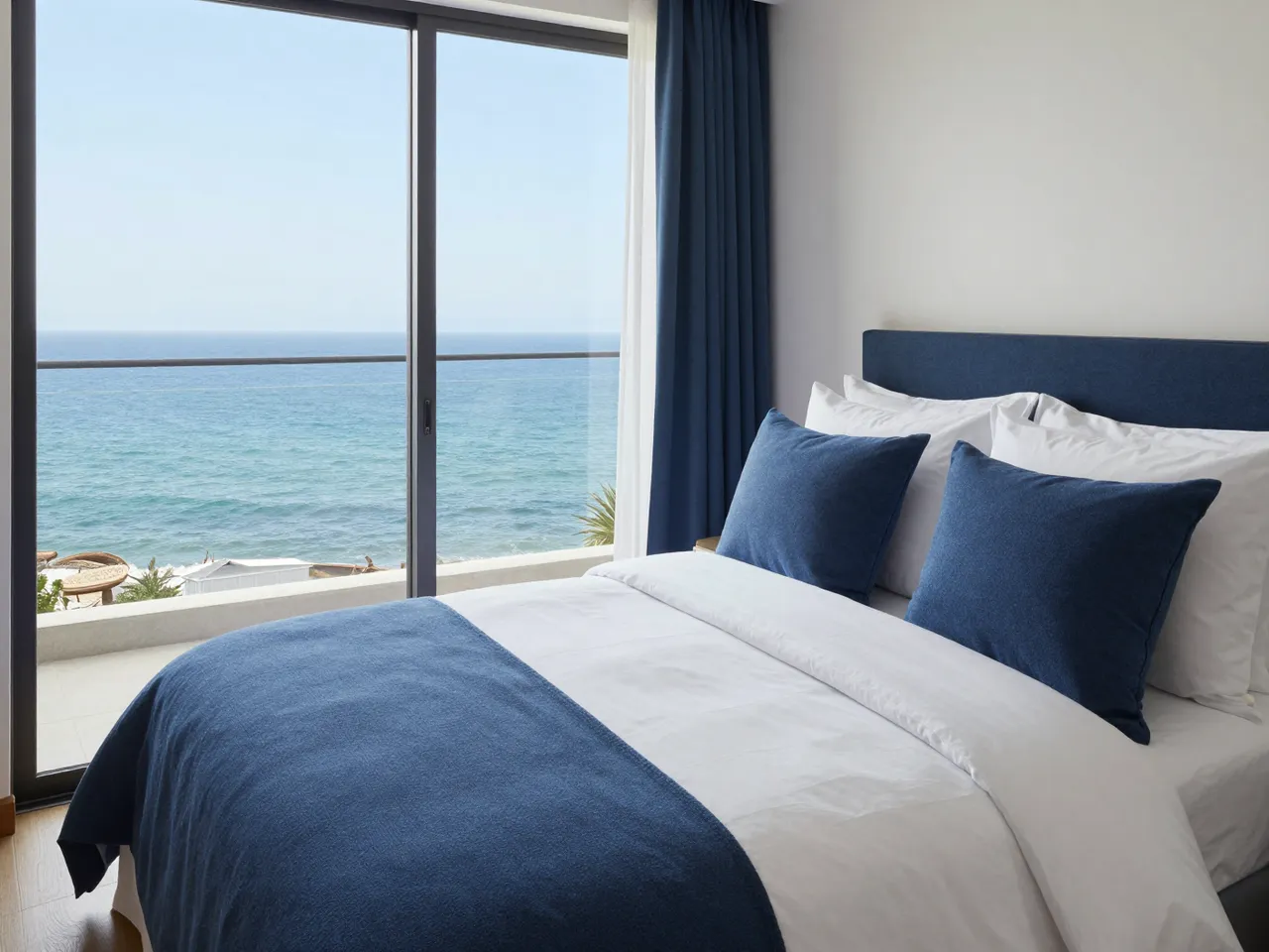 Modern bedroom with blue and white bedding overlooking the ocean through a large sliding glass window