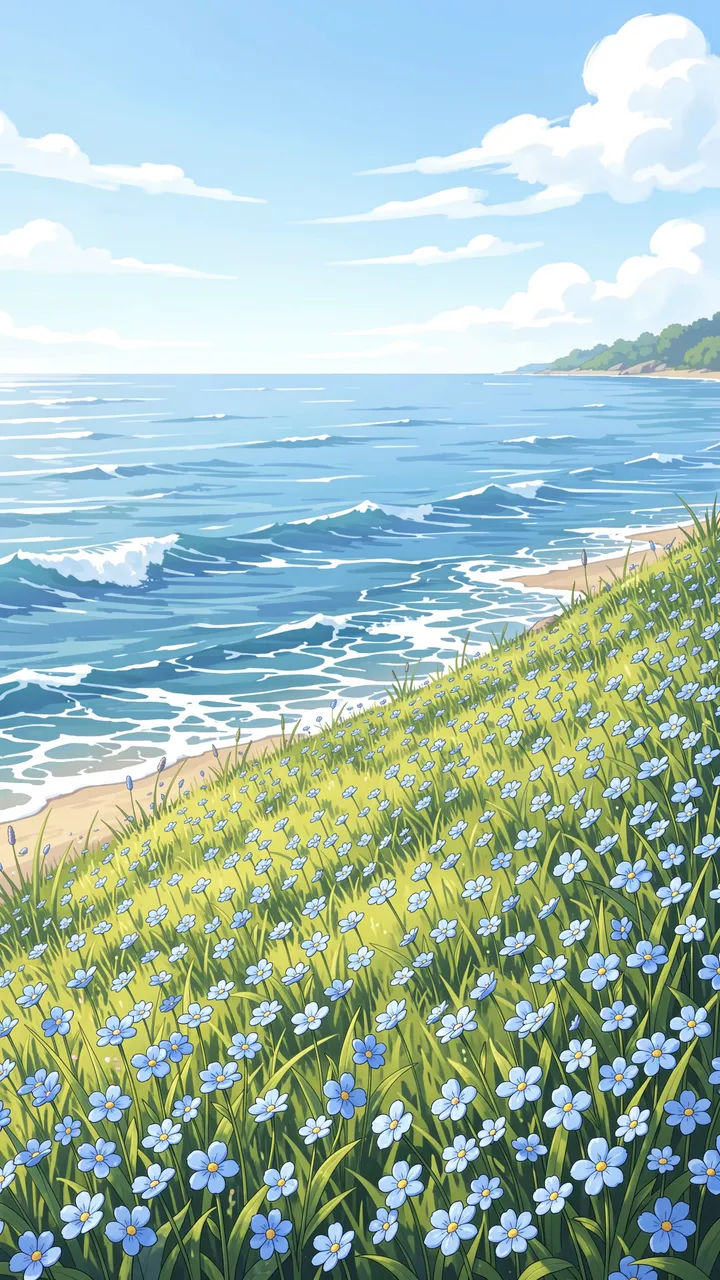 Anime-style illustration of a grassy slope dotted with tiny blue wildflowers meeting a calm blue sea on a bright breezy