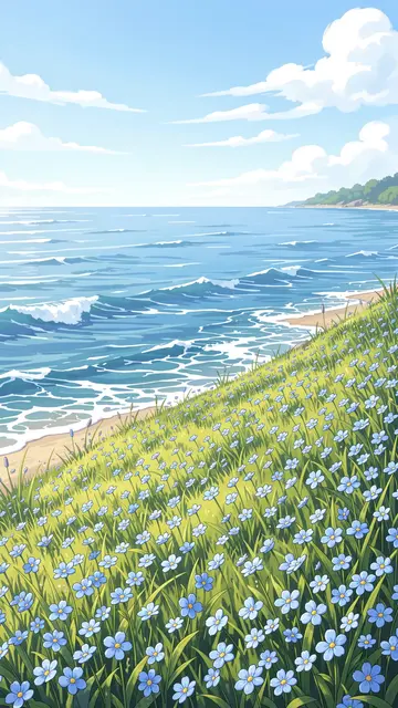Anime-style illustration of a grassy slope dotted with tiny blue wildflowers meeting a calm blue sea on a bright breezy