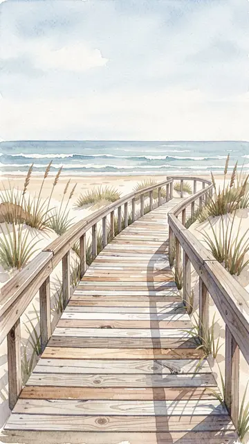Watercolor illustration of a weathered wooden boardwalk leading over sand dunes to the beach and calm sea