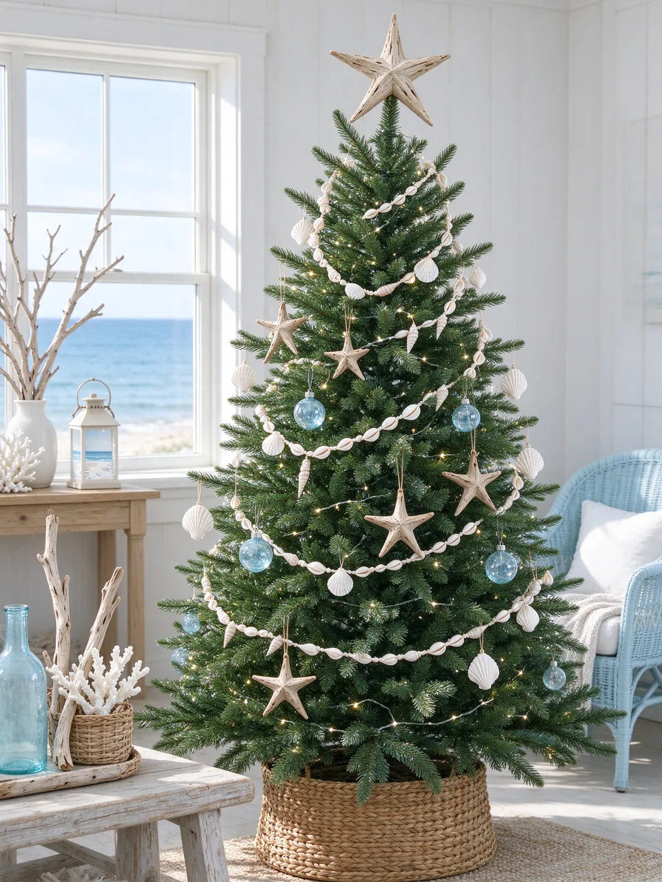 Decorated coastal Christmas tree with shell and driftwood accents stands in a bright sunny beach cottage overlooking the