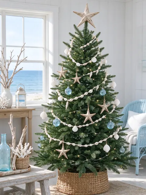 Decorated coastal Christmas tree with shell and driftwood accents stands in a bright sunny beach cottage overlooking the