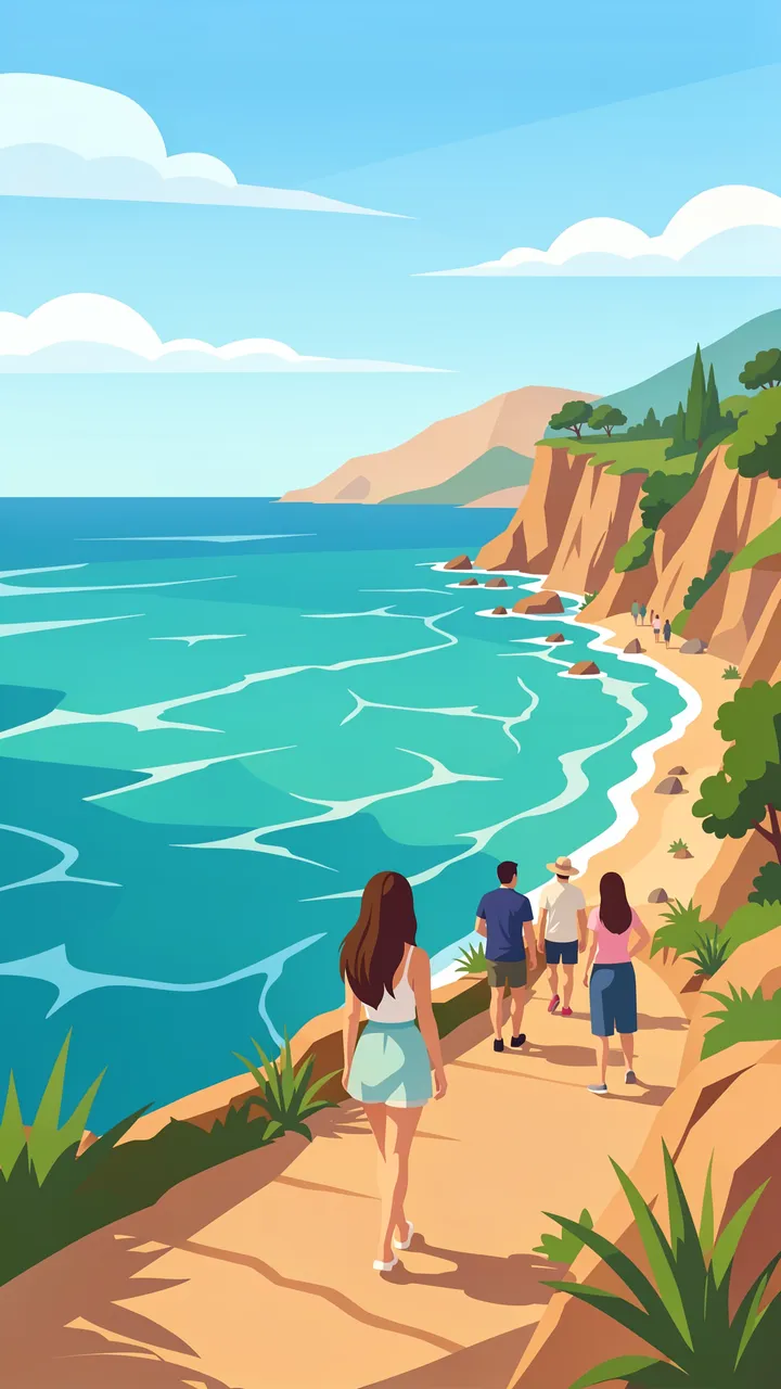 Faceless people walk along a sunlit cliffside path overlooking a turquoise ocean cove on a bright summer day