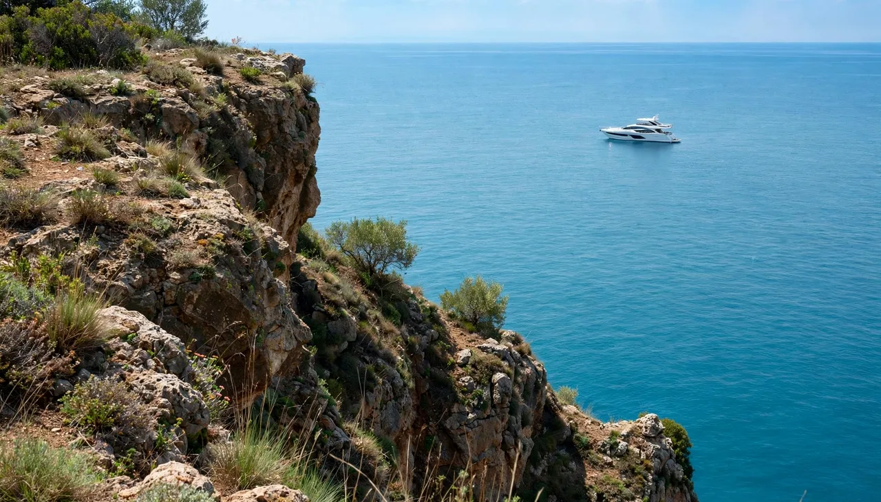 A white motor yacht floats on a calm turquoise sea seen from a rocky coastal cliff top at midday