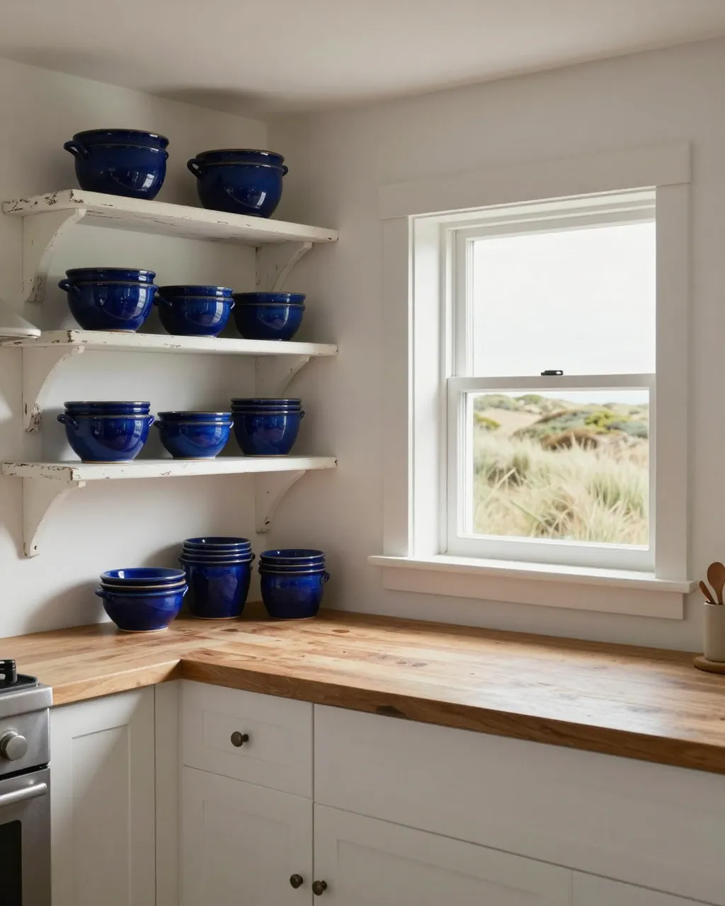 Weathered white shelves holding blue stoneware sit above a wooden counter next to a window overlooking sand dunes.