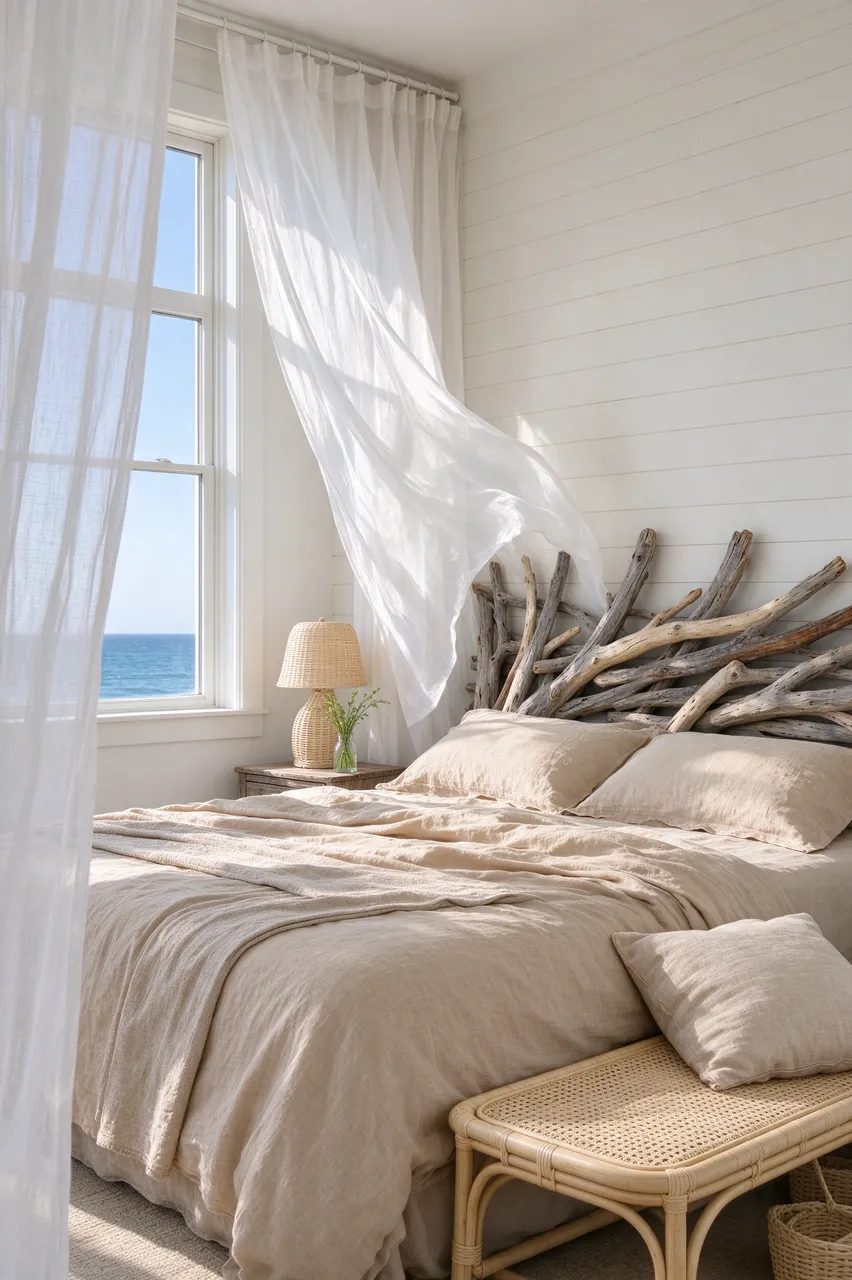 Sunlit coastal bedroom with driftwood headboard, blowing sheer curtains, and ocean view through the window