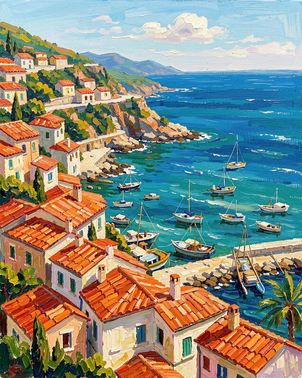 Impasto oil painting of a hillside fishing village with terracotta roofs overlooking a turquoise bay dotted with small boats