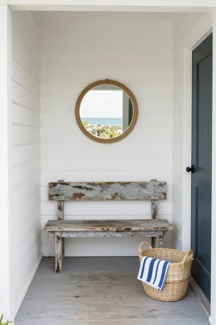 A bright coastal entry nook with a weathered wooden bench, rope mirror, and wicker basket holding a striped beach towel.