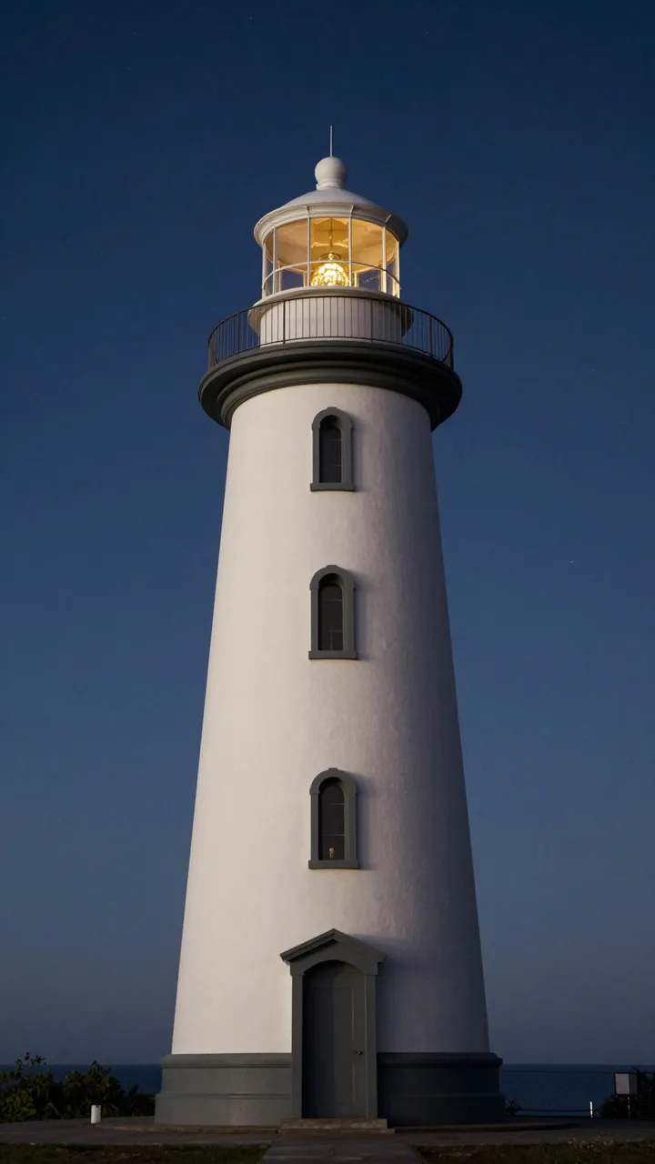 A white lighthouse with a glowing lantern stands against a dark deep blue night sky overlooking the coast
