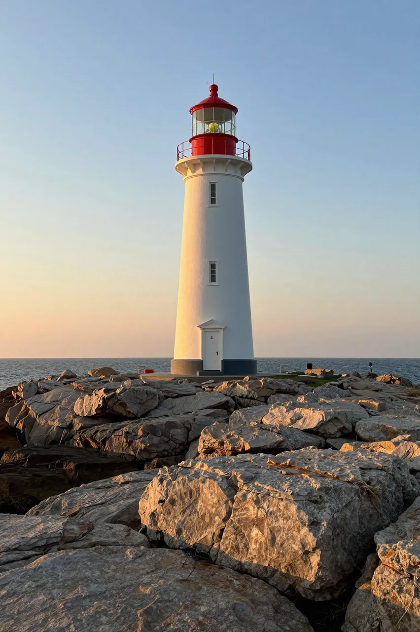 A white lighthouse with a red top stands on a rocky shore beside the ocean during golden hour sunset.