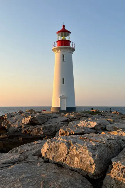 A white lighthouse with a red top stands on a rocky shore beside the ocean during golden hour sunset.