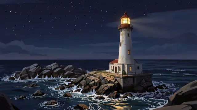 A glowing lighthouse stands on a rocky ocean outcrop under a starry night sky