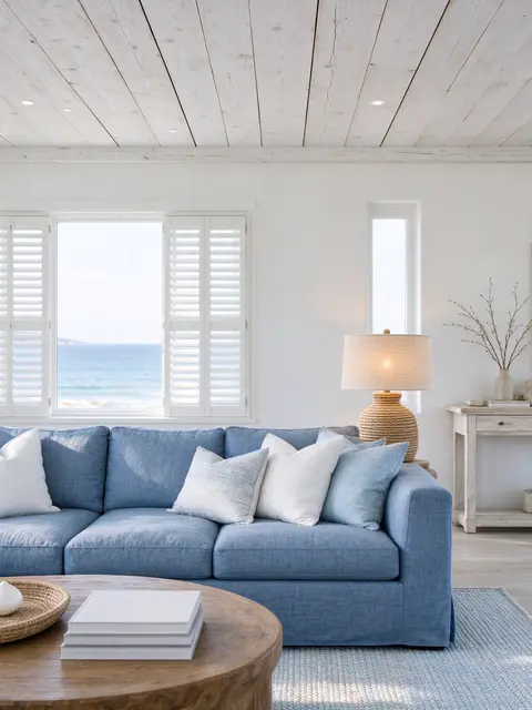 Bright coastal living room with a blue linen sofa, sea view through white shuttered windows, and light wooden ceiling