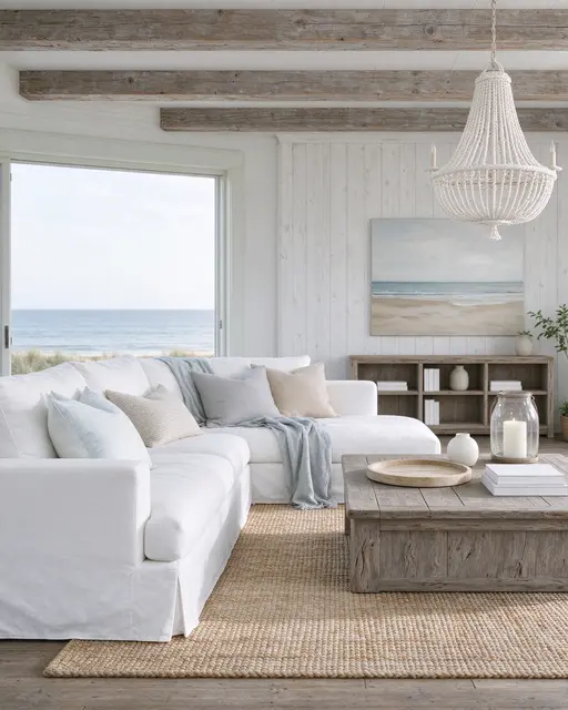 Bright coastal style living room with ocean view through a large window, furnished in soft neutral tones