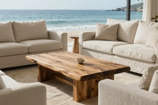 Bright coastal living room with linen sofas, driftwood coffee table, and ocean view through large windows