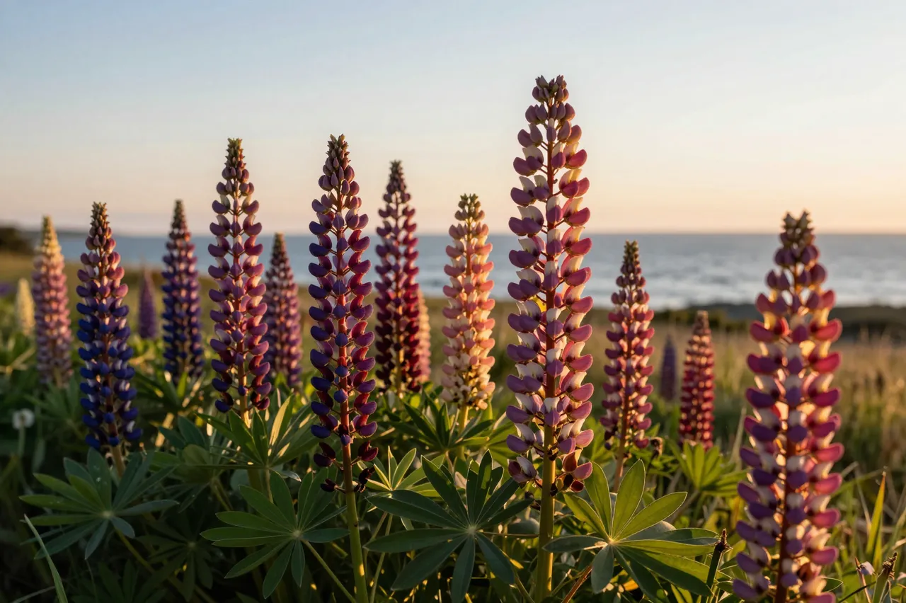 Tall multicolored lupine flower spikes glow in warm golden sunset light above a coastal field with distant ocean views