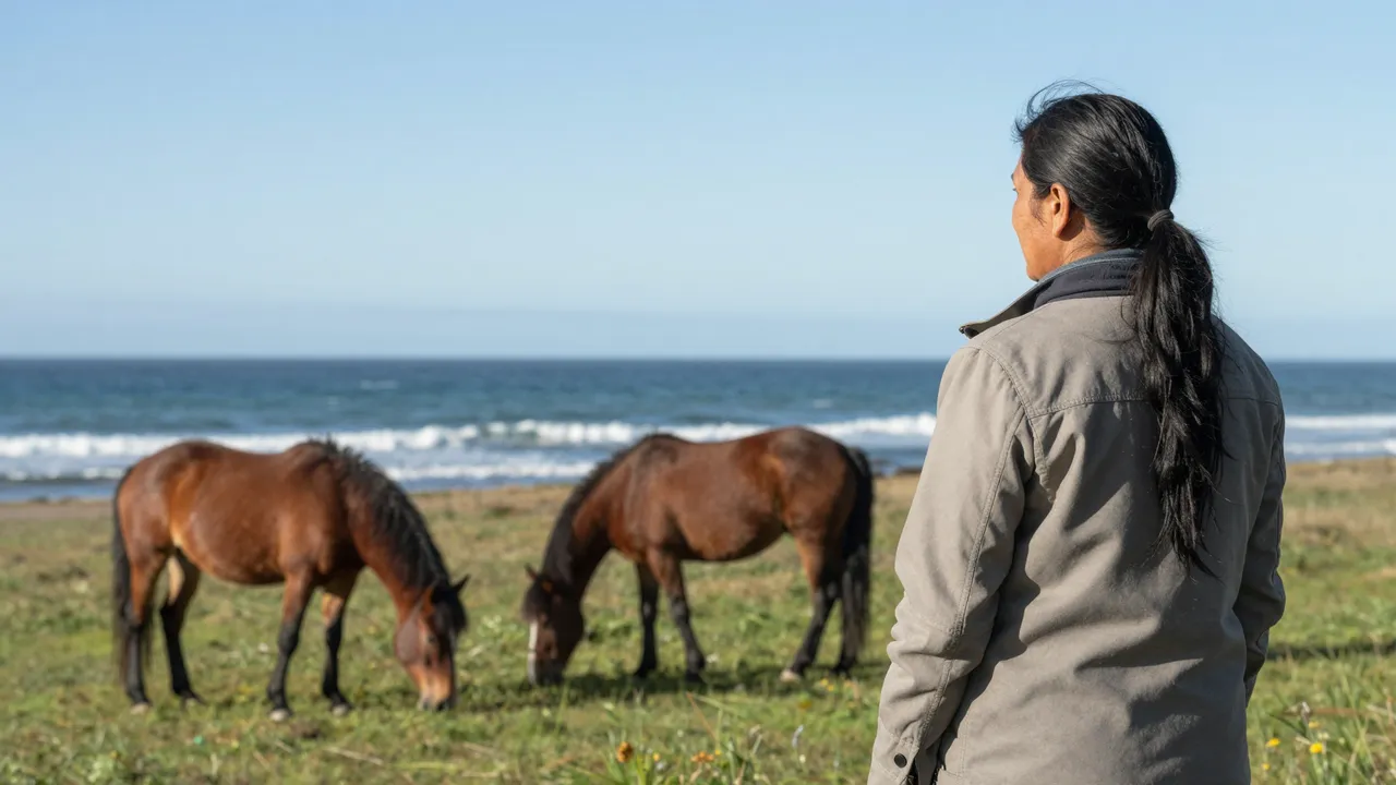 A woman observes two grazing brown wild horses from a coastal grassy meadow beside the ocean