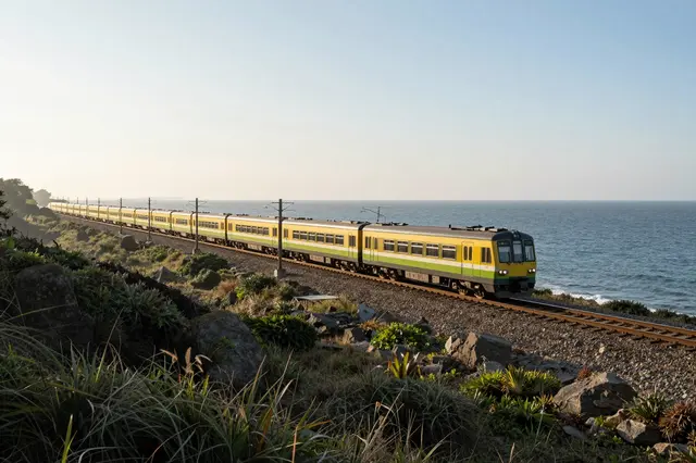 A yellow and green passenger train travels along a coastal railway beside the ocean viewed from a grassy cliff at sunrise