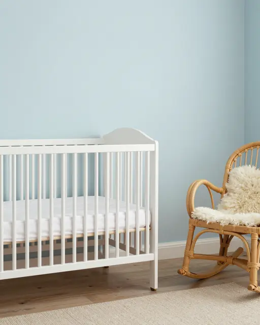A minimalist coastal nursery features a white crib next to a rattan rocking chair with sheepskin cushions against pale blue
