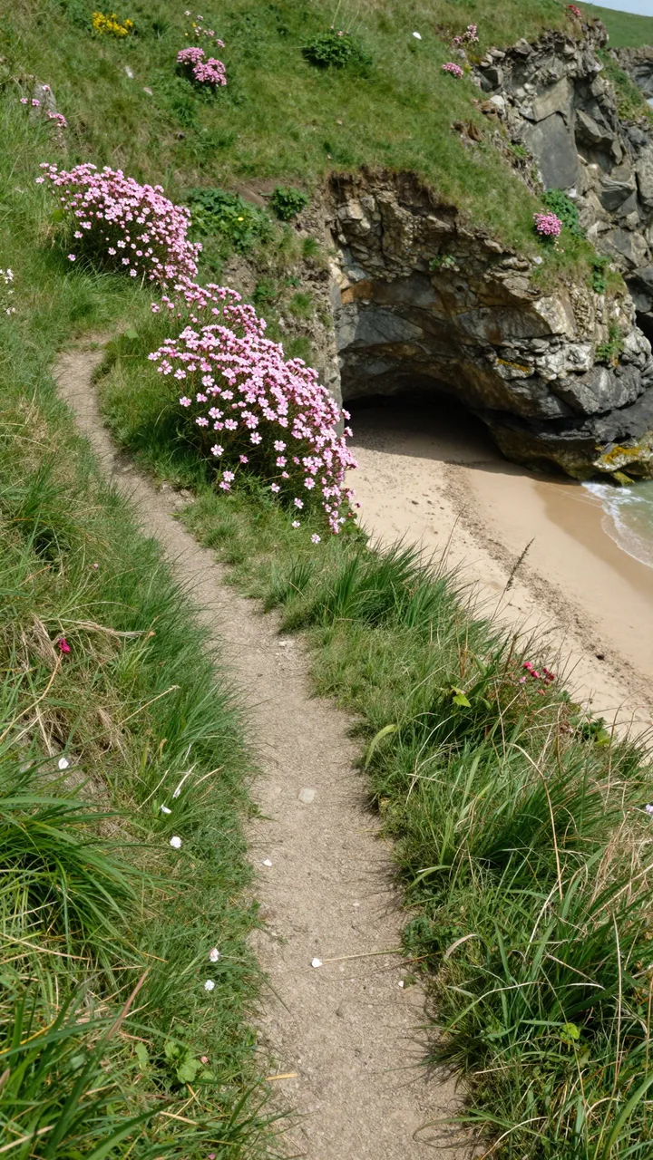 A narrow dirt footpath winds down a grassy cliff past pink thrift flowers to a tiny sheltered sand cove with a sea cave.