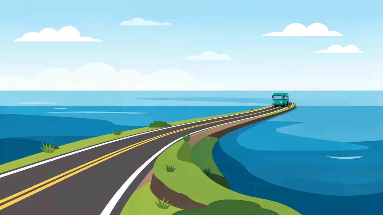 A flat vector illustration of a winding coastal causeway with a small teal bus traveling near calm blue sea under a bright