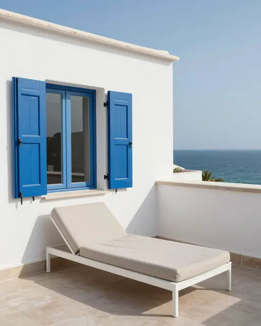 Whitewashed rooftop terrace with blue window shutters, a beige daybed, and a calm sea view under clear sky