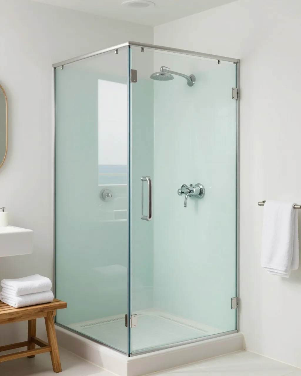 Bright coastal bathroom with a pale sea-glass green walk-in shower, teak bench and folded white towels.