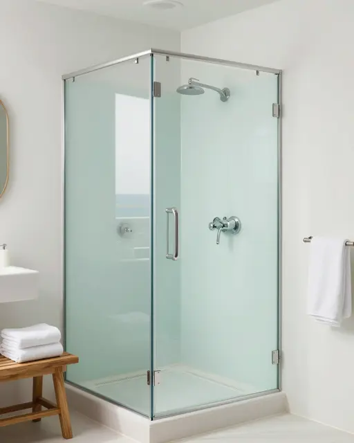 Bright coastal bathroom with a pale sea-glass green walk-in shower, teak bench and folded white towels.