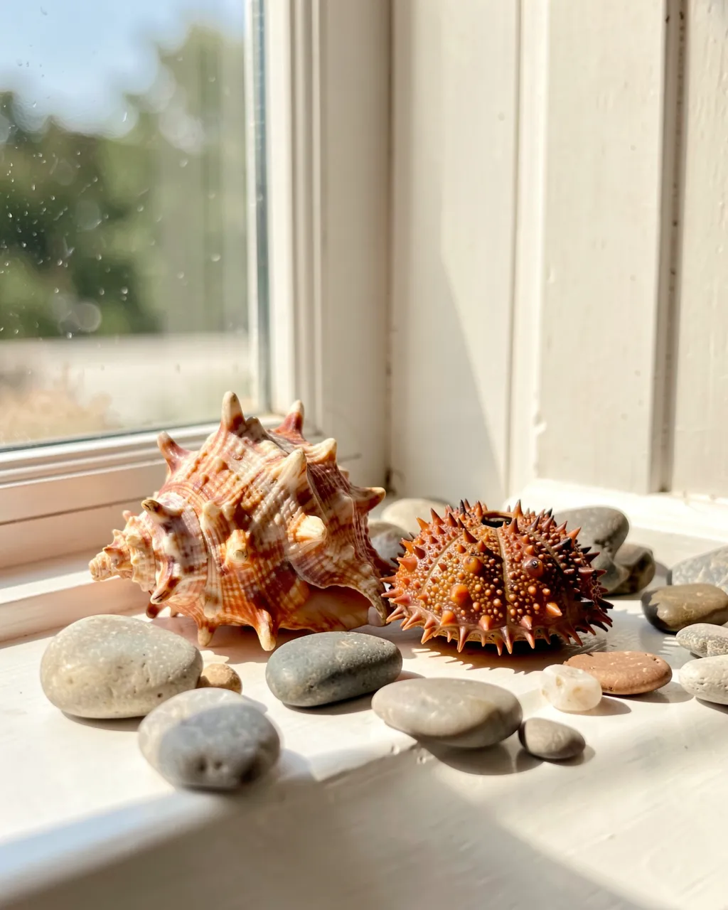 Spiky conch, sea urchin shell and smooth pebbles rest on a sunlit white windowsill beside blurred outdoor greenery.