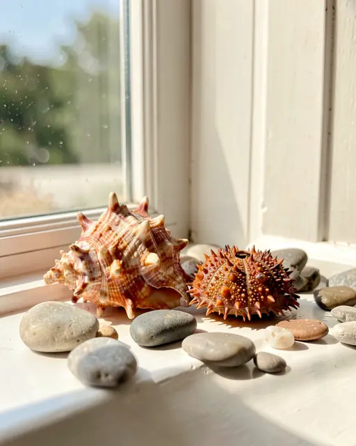 Spiky conch, sea urchin shell and smooth pebbles rest on a sunlit white windowsill beside blurred outdoor greenery.